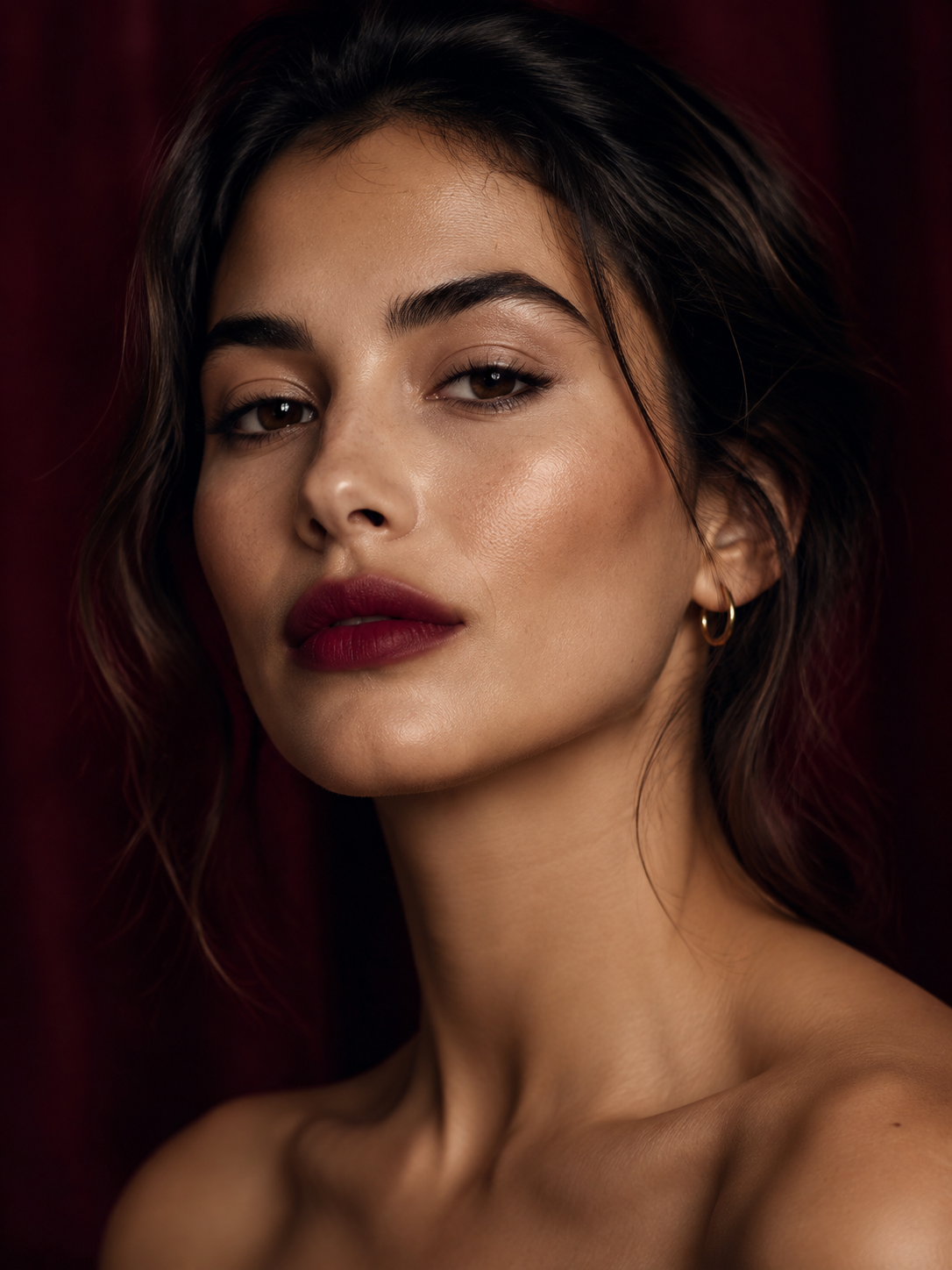 Portrait rapproché d’une femme aux lèvres bordeaux