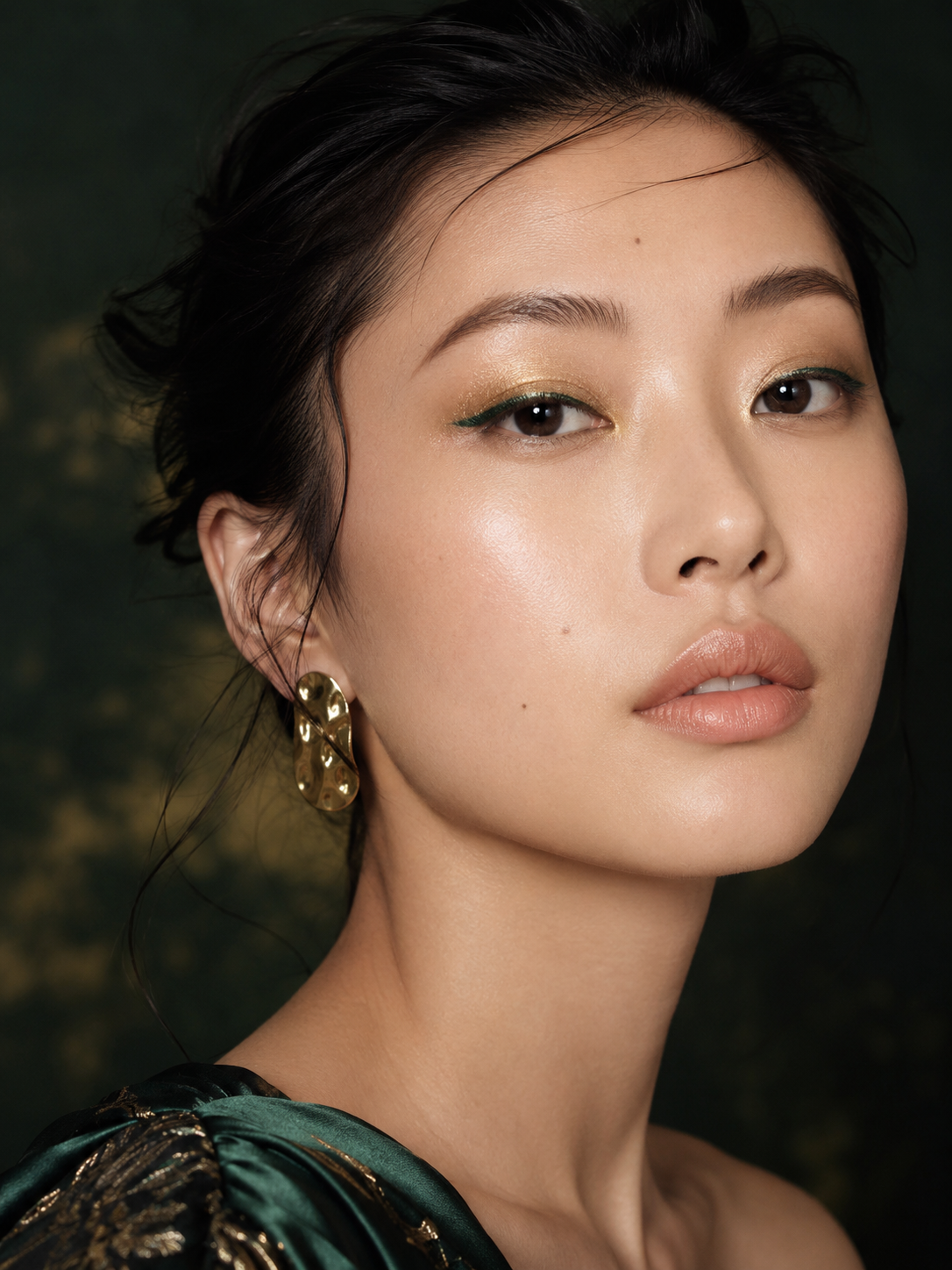 Portrait rapproché d’une femme au maquillage doré et vert