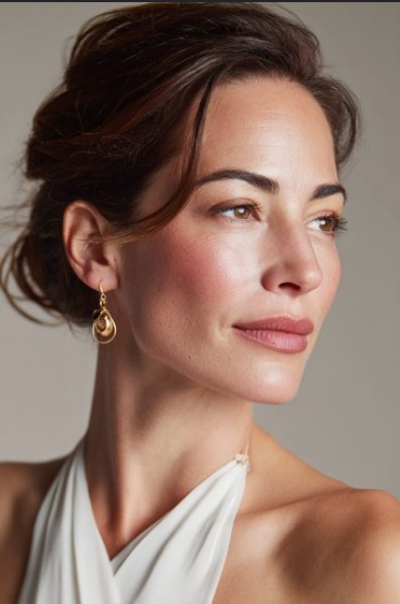 Portrait élégant d'une femme aux boucles d'oreilles dorées