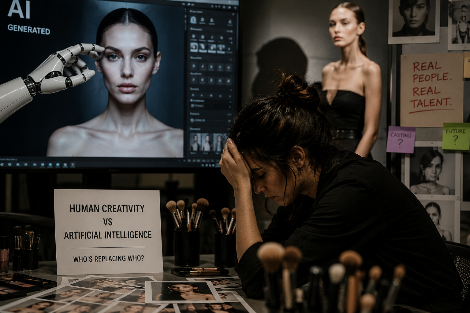 Make-up artist stressed by AI-generated model