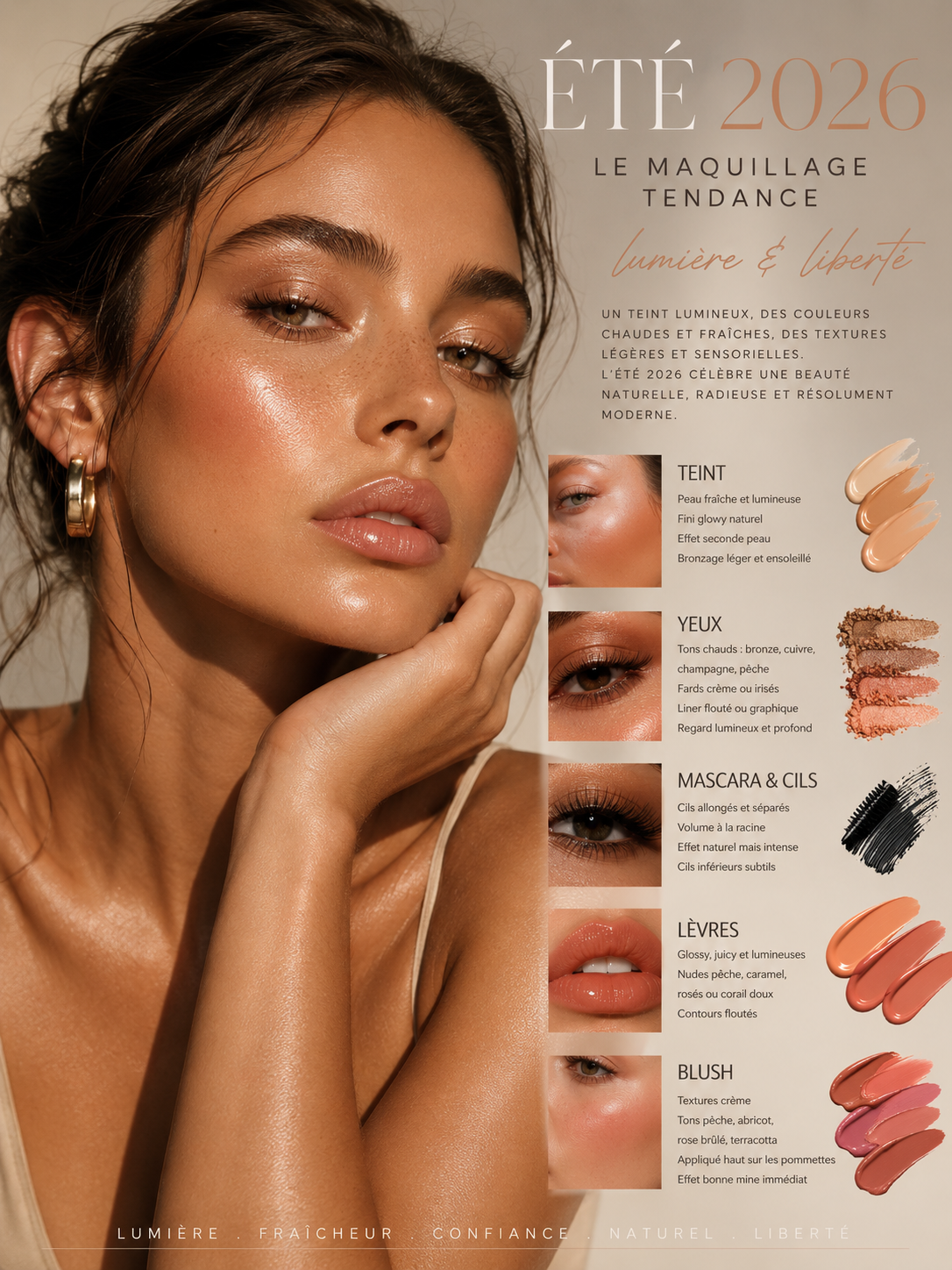 Portrait femme maquillage lumineux été 2026