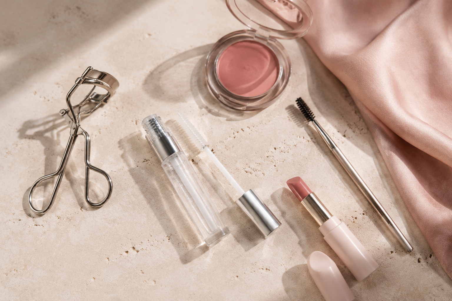 Produits de maquillage roses sur surface beige