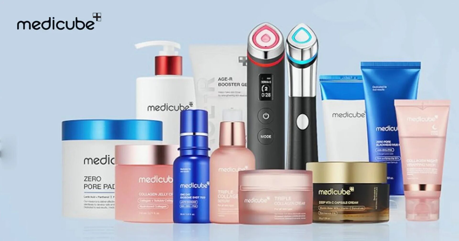 Produits et appareils de soin Medicube alignés