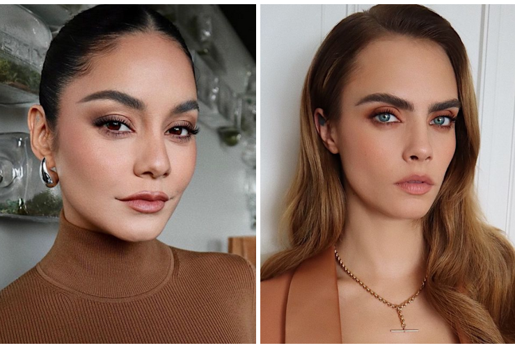 Exemple de maquillage professionnel aux tons chauds — peau lumineuse, regard structuré et lèvres nude, inspiration beauté naturelle et sophistiquée.