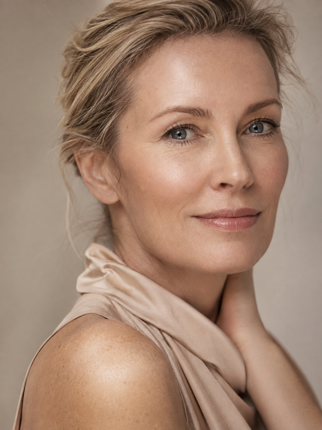 Close-up portrait of a blonde woman with a subtle smile