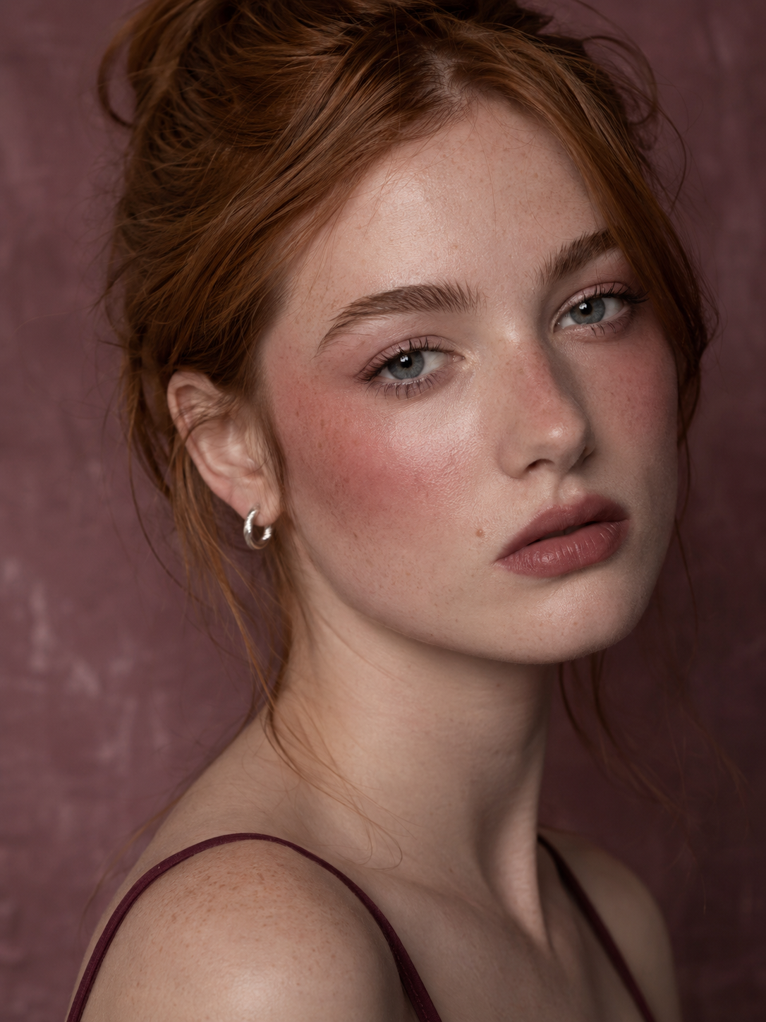 Close-up portrait of a redheaded woman with light-colored eyes