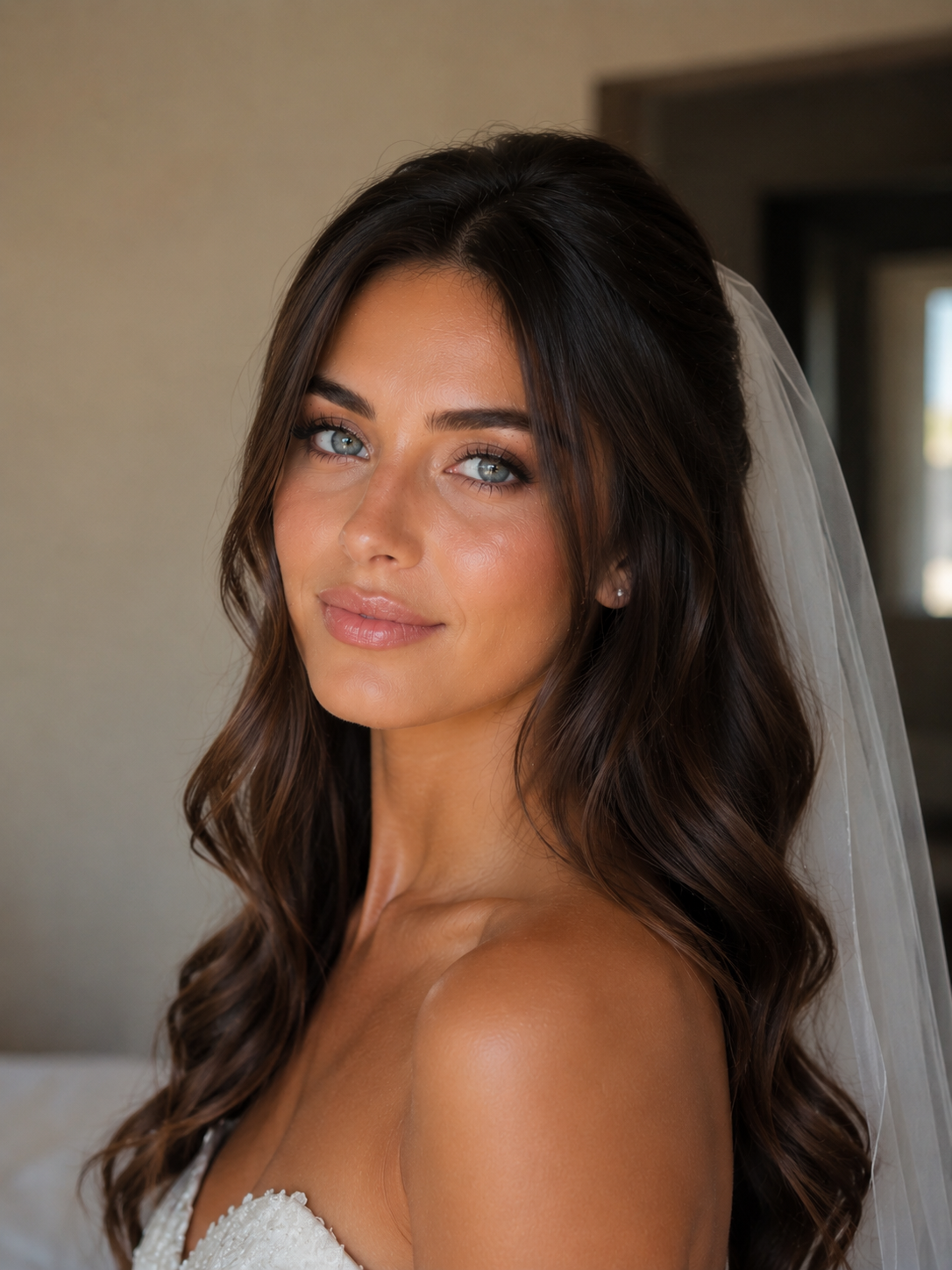 Portrait de mariée au voile et cheveux ondulés