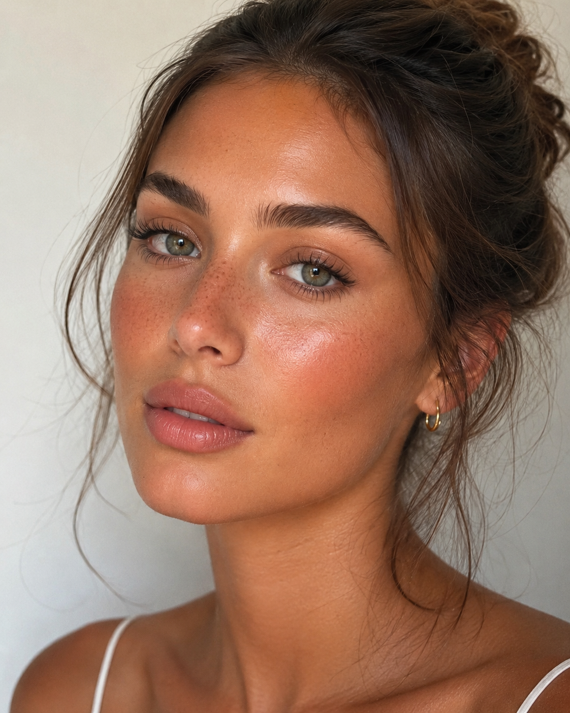 Portrait femme maquillage naturel peau lumineuse taches rousseur