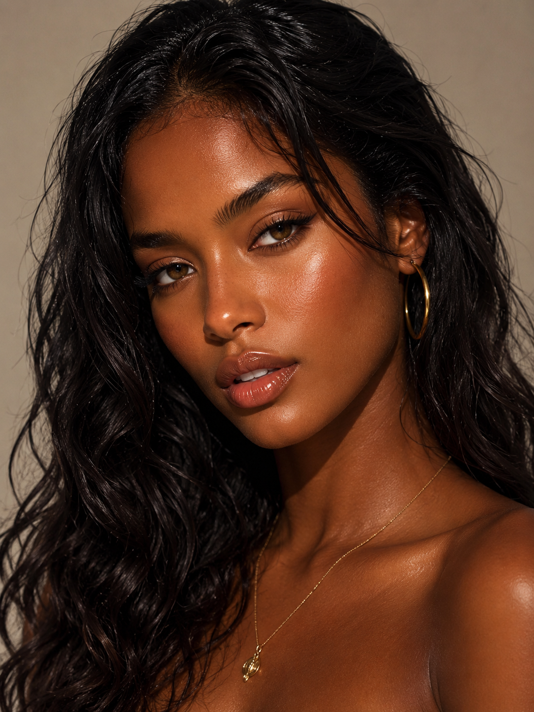 Portrait femme cheveux longs bruns maquillage lumineux